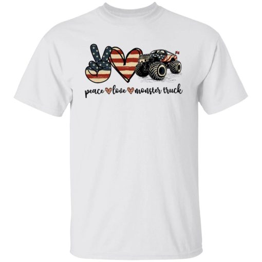 America Flag Peace Love Monster Truck 4th Of July Trucker Love Shirt